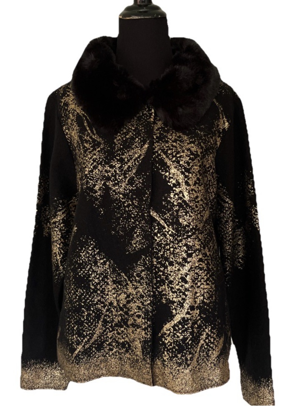 Chico’s Mob Wife Gold Metallic Faux Fur Collar Sweater Jacket Wool Snap